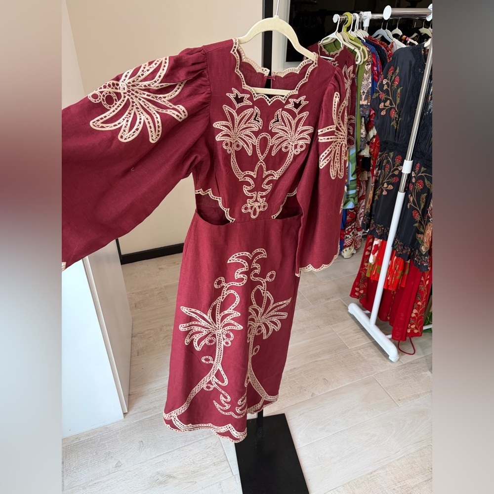 Farm Rio: Red Artisanal Cut-Out Embroidered Euroflax™ Premium Linen Maxi Dress - Picture 6 of 11